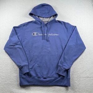 Champion Powerblend Hoodie Mens Medium‎ Purple Logo Fleece Lined Kangaroo Pocket